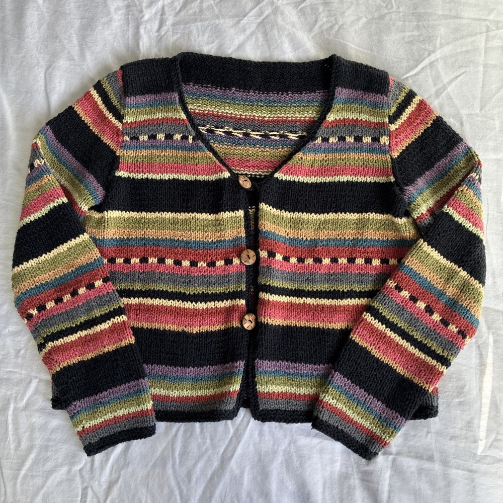 Multi Color Knit Cardigan Women's Medium Striped Teacher Core Handmade